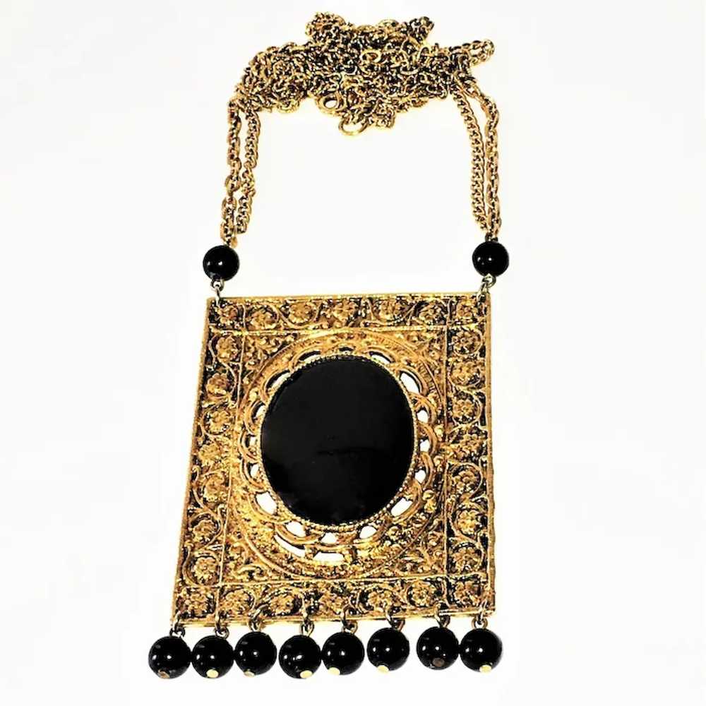 Vintage Necklace Ornate Black Cabochon Gold Plate… - image 7