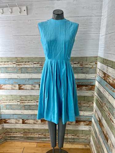 50s Light Blue Non Sleeve Fit & Flare Pleaded Dres