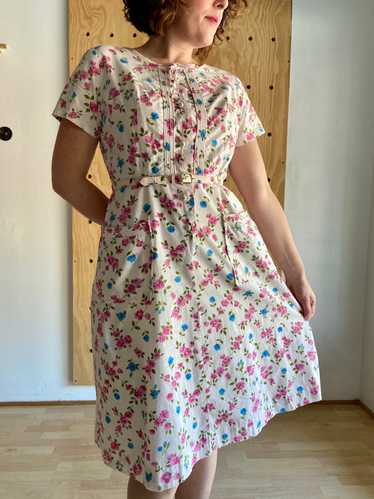 Early 1950s Pink & Blue Floral Print Dress (XL) - image 1