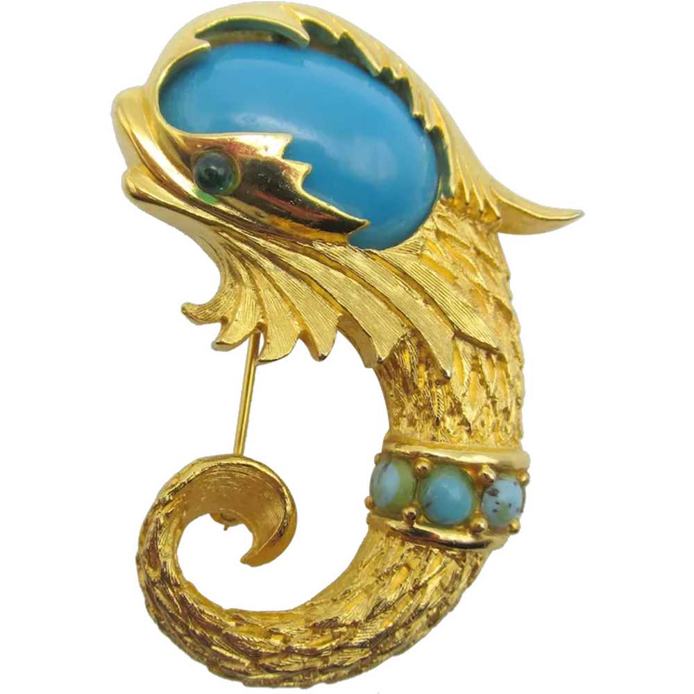 Cadoro Dolphin Faux Turquoise Jade Gold-Plated Br… - image 1