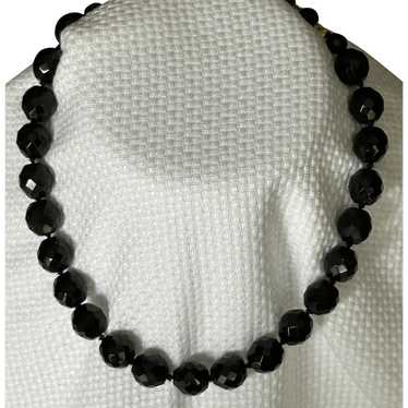 Black Glass Faceted Cut Bead Necklace, Single Str… - image 1