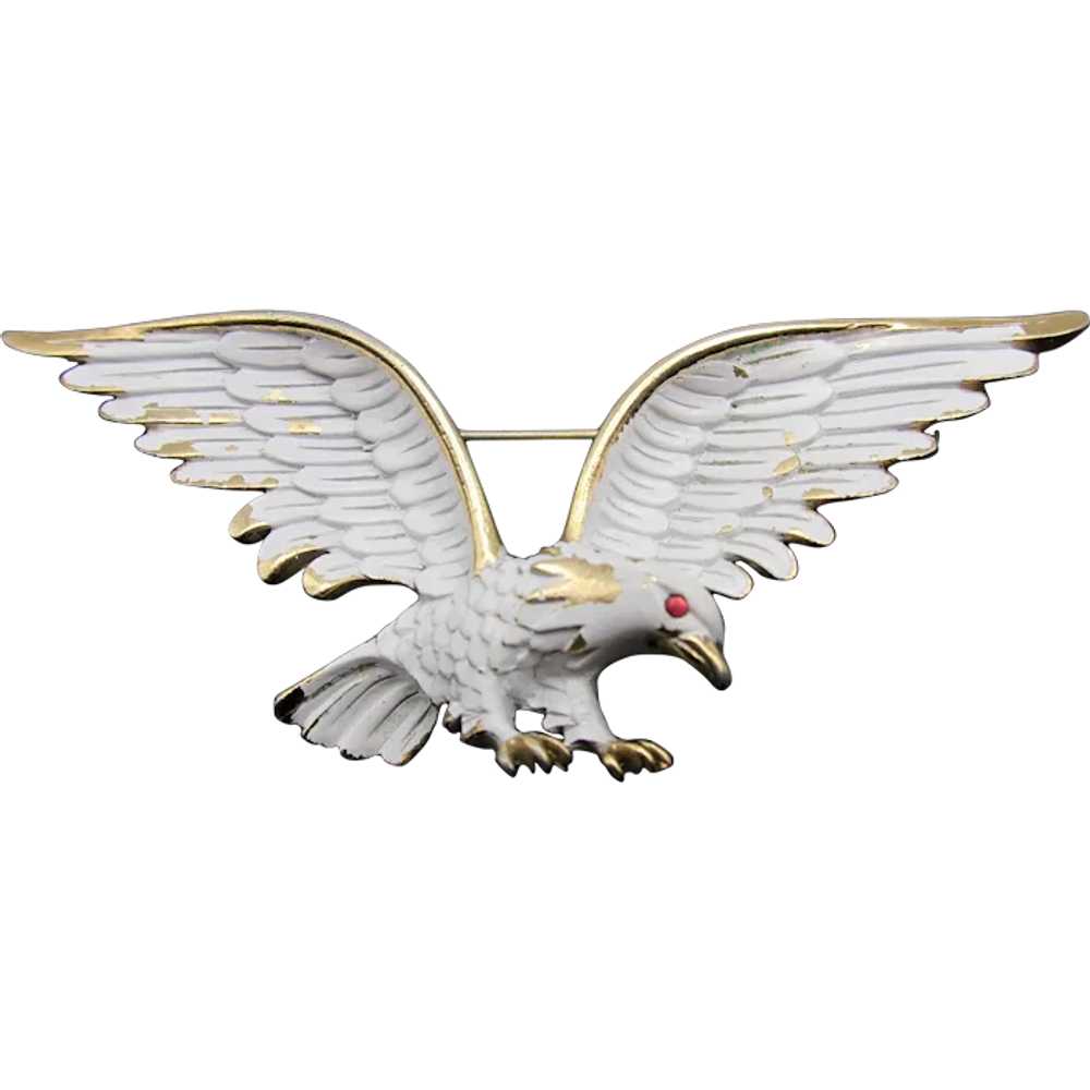 1960’S Crown Trifari White Enamel American Eagle … - image 1
