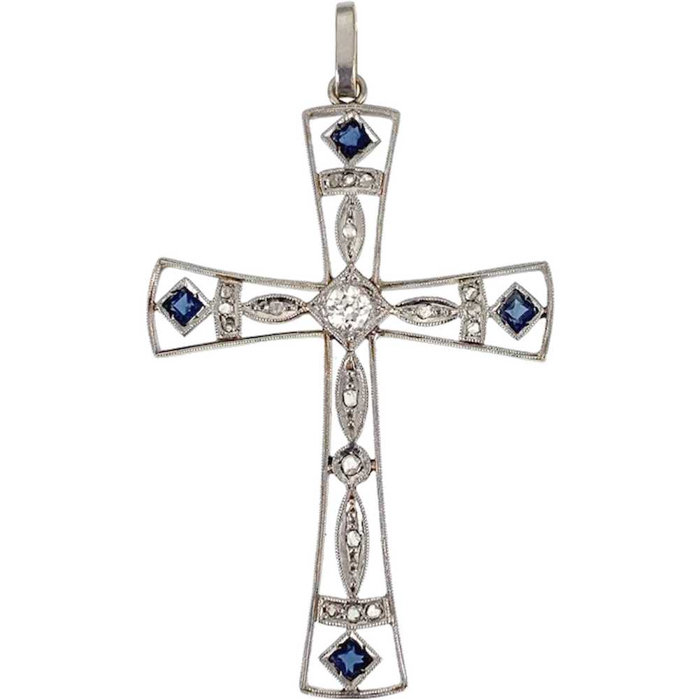 Art Deco 18K, Platinum, Diamond & Sapphire Cross … - image 1