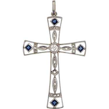 Art Deco 18K, Platinum, Diamond & Sapphire Cross … - image 1