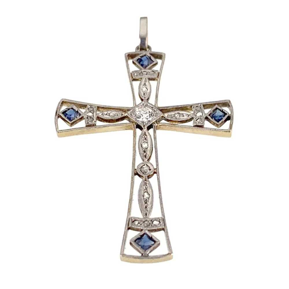 Art Deco 18K, Platinum, Diamond & Sapphire Cross … - image 2