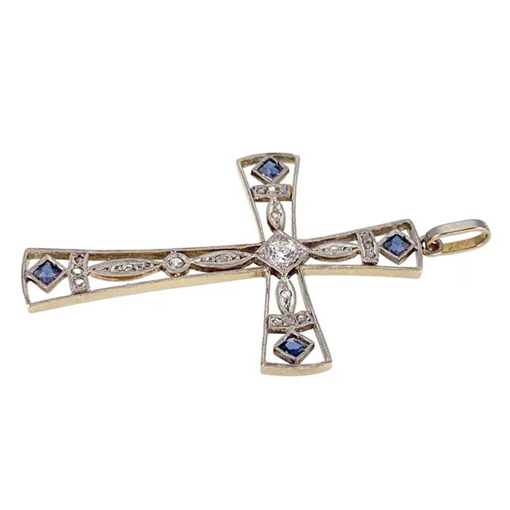 Art Deco 18K, Platinum, Diamond & Sapphire Cross … - image 3