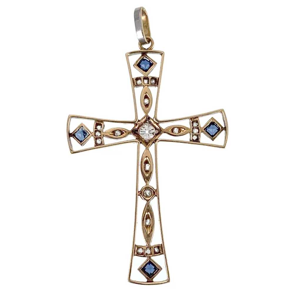 Art Deco 18K, Platinum, Diamond & Sapphire Cross … - image 4