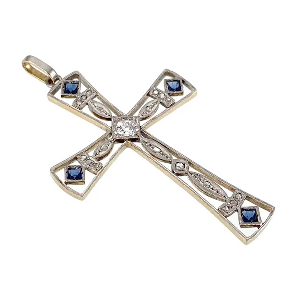 Art Deco 18K, Platinum, Diamond & Sapphire Cross … - image 5