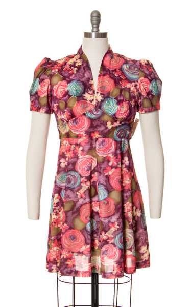 DEADSTOCK 1970s Floral Tie Waist Mini Dress | smal