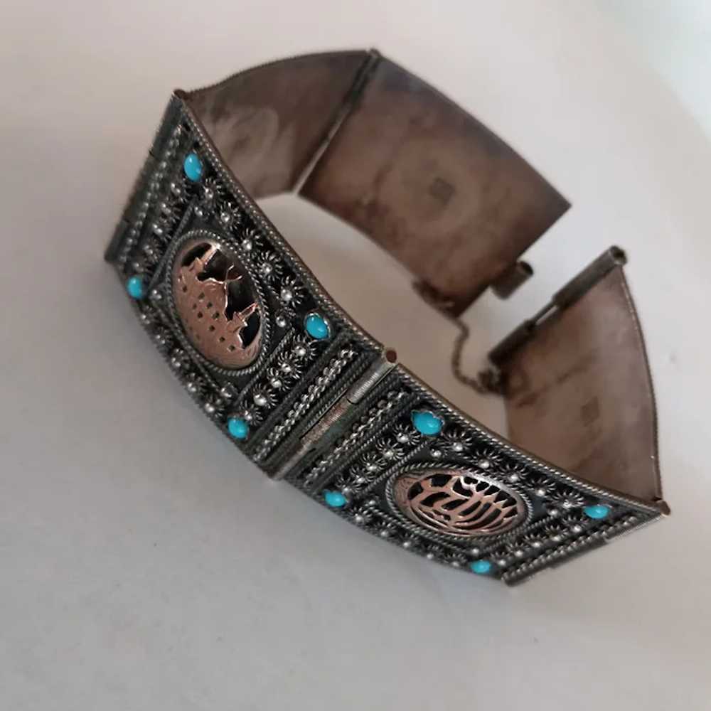 WIDE Early Vintage Silver/Gold Ethnic Bracelet - image 4