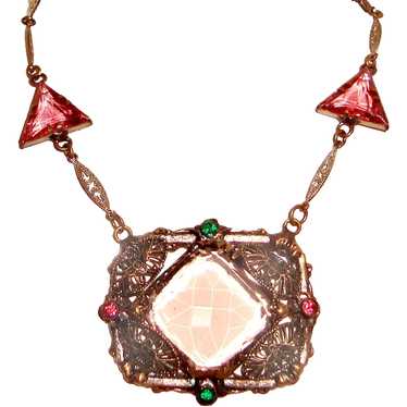 Art Deco Necklace Pink Czech Glass Geometric Desi… - image 1