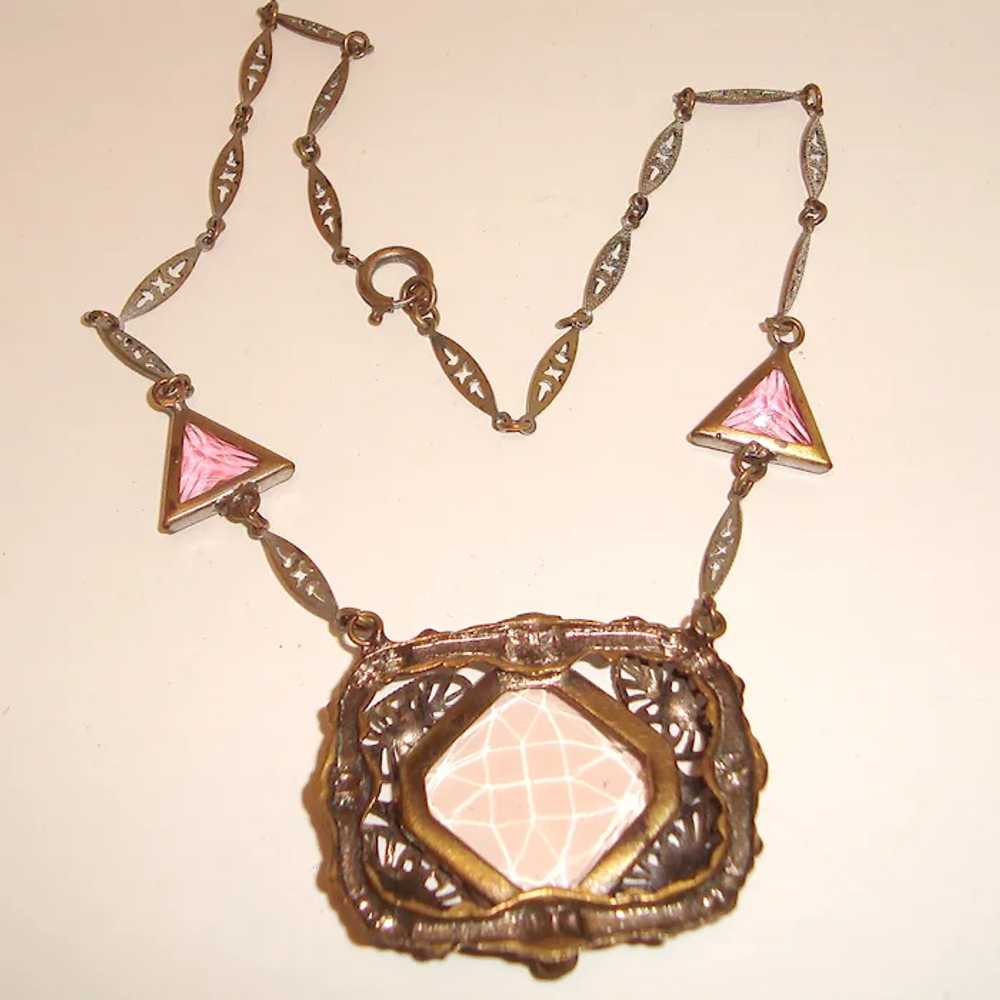 Art Deco Necklace Pink Czech Glass Geometric Desi… - image 2