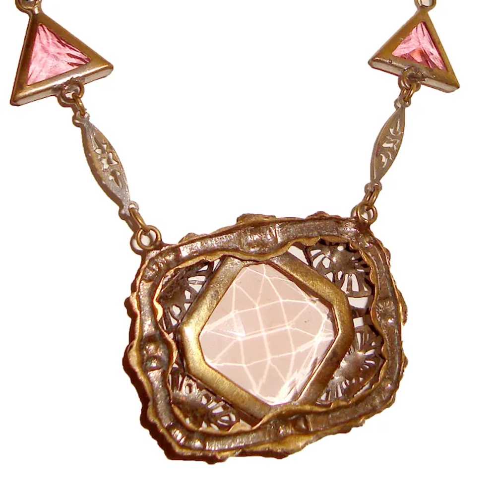 Art Deco Necklace Pink Czech Glass Geometric Desi… - image 5