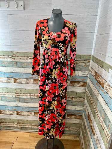 70’s Pink & Orange Flower Print Long Sleeve Maxi D