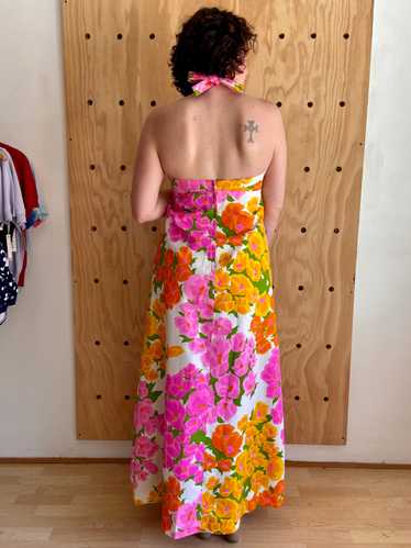 1970s Malia Orange & Pink Floral Maxi Dress (L)