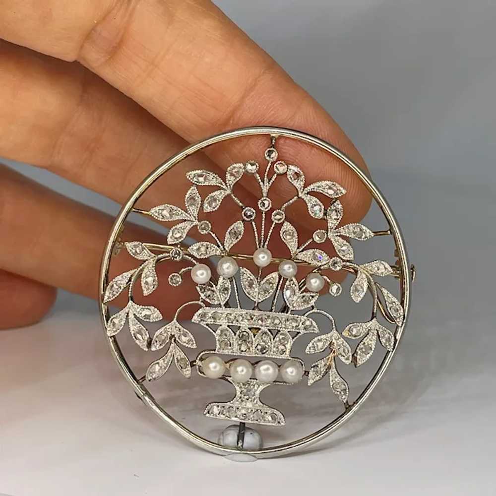 ANTIQUE Rose Diamond Natural Pearl Platinum Brooc… - image 2