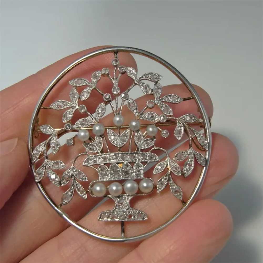 ANTIQUE Rose Diamond Natural Pearl Platinum Brooc… - image 4