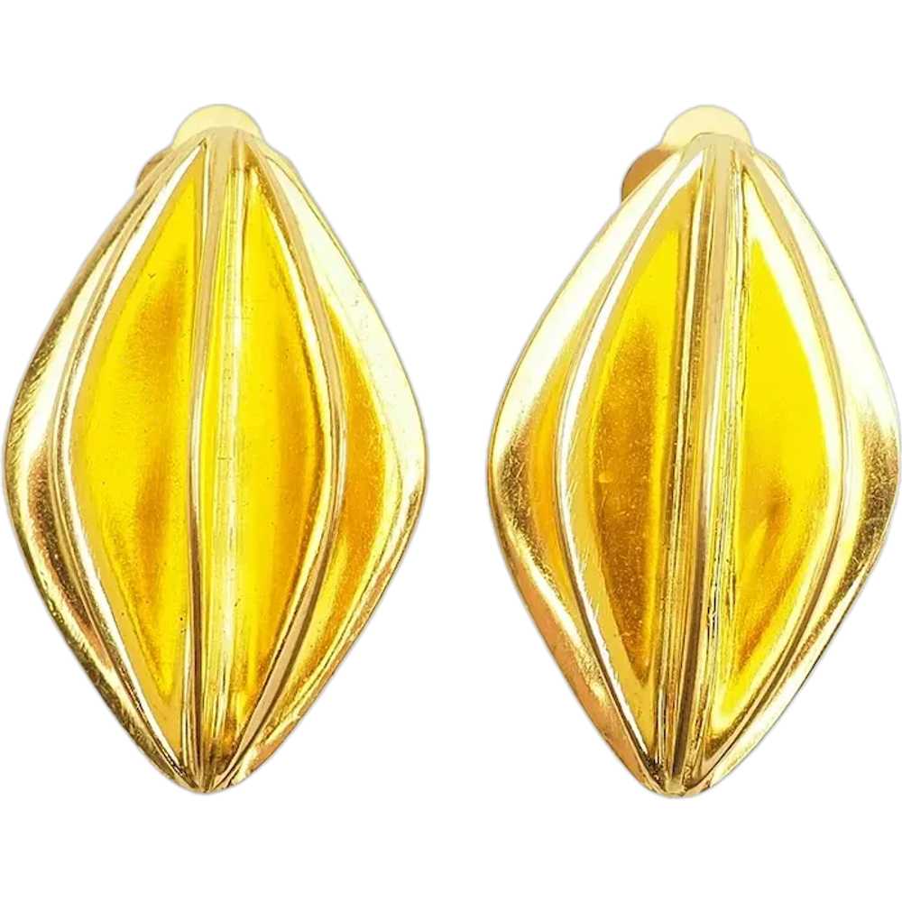 Modernist vintage gold tone metal ribbed dimond s… - image 1