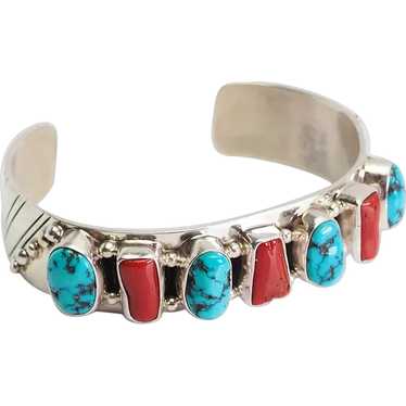 Vintage sterling silver turquoise coral Native Am… - image 1