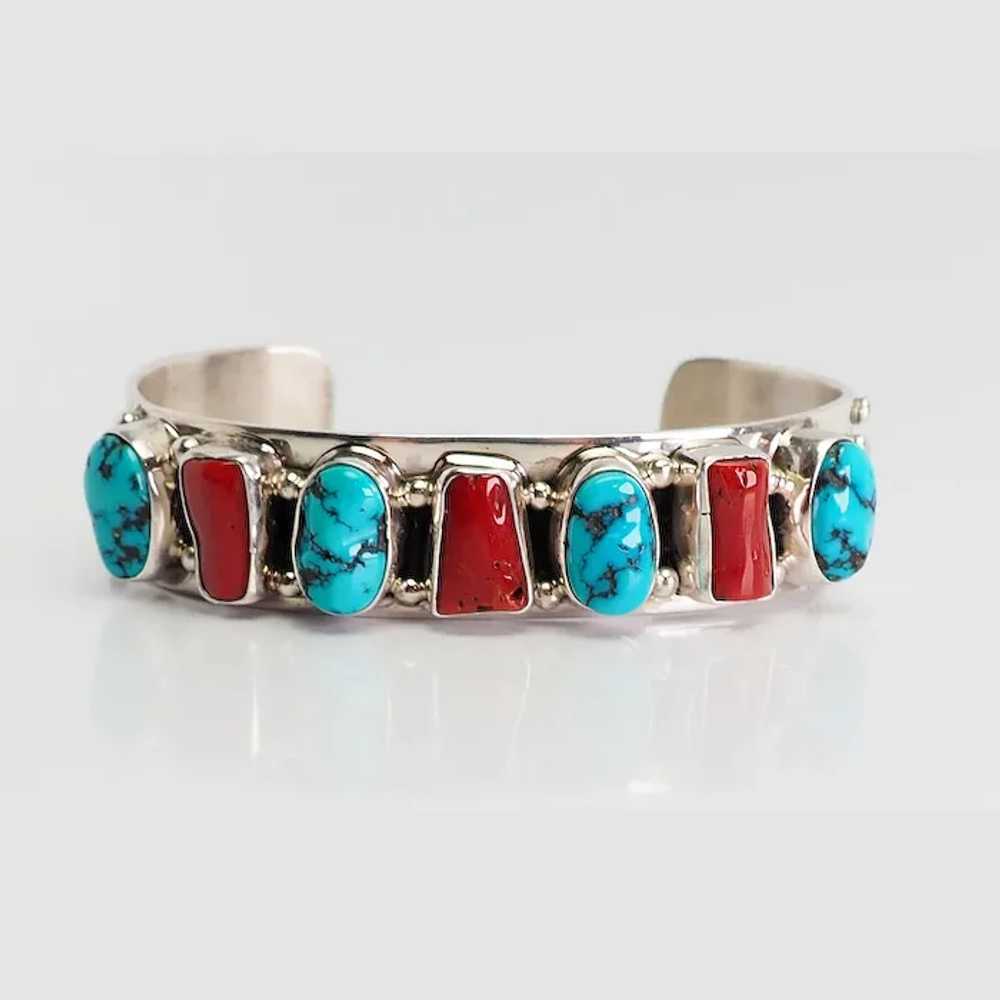Vintage sterling silver turquoise coral Native Am… - image 2