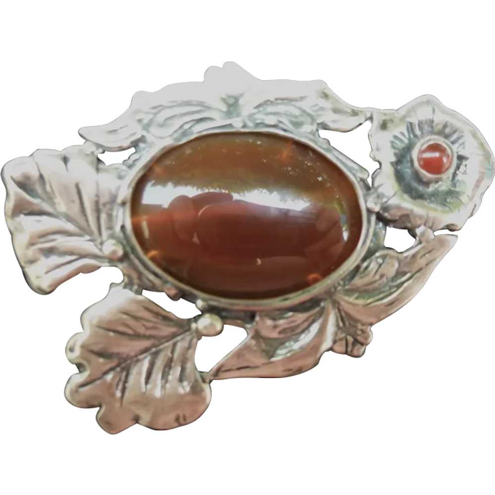 Sterling Carnelian Large 2 1/2" Floral Pin Brooch - image 1