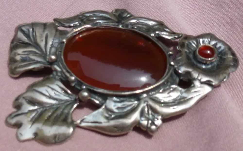 Sterling Carnelian Large 2 1/2" Floral Pin Brooch - image 2