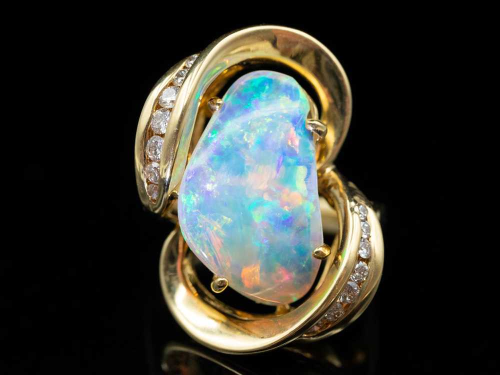 Modernist 18-Karat Gold Opal and Diamond Ring - image 1