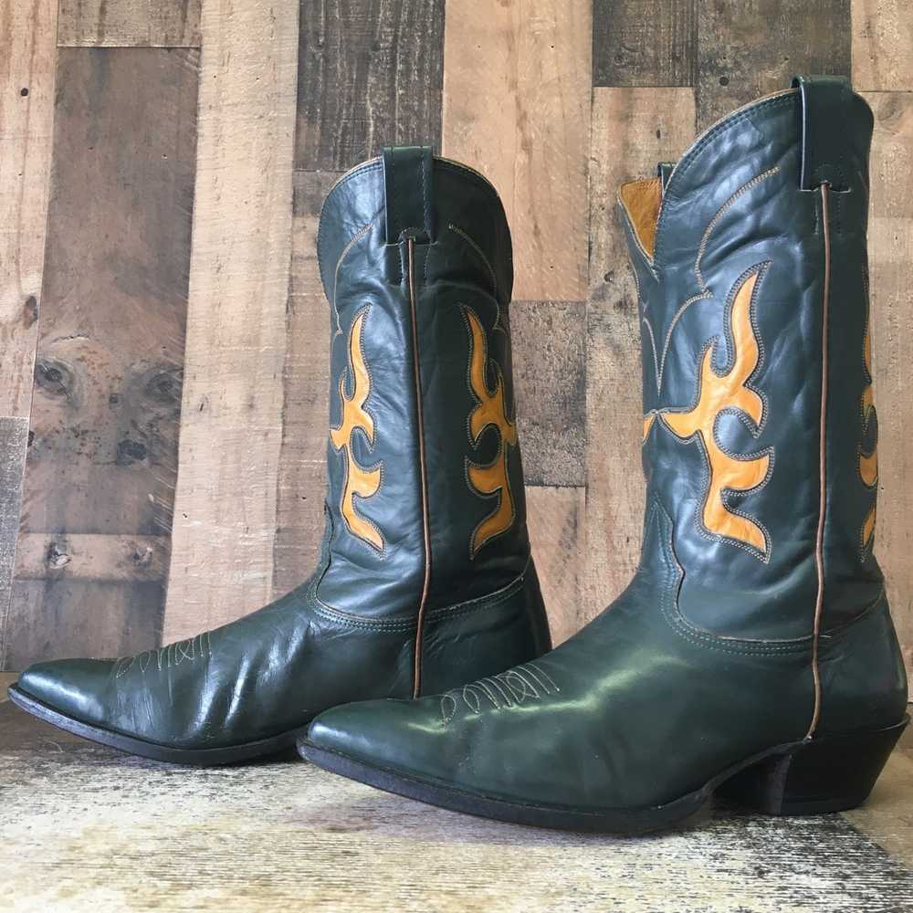 Nocona Boots Nocona Vtg Green Leather Inlay Cowbo… - image 1