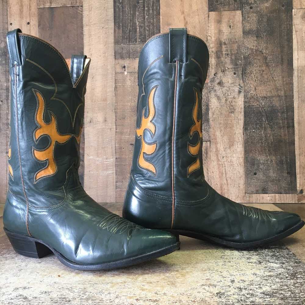 Nocona Boots Nocona Vtg Green Leather Inlay Cowbo… - image 5