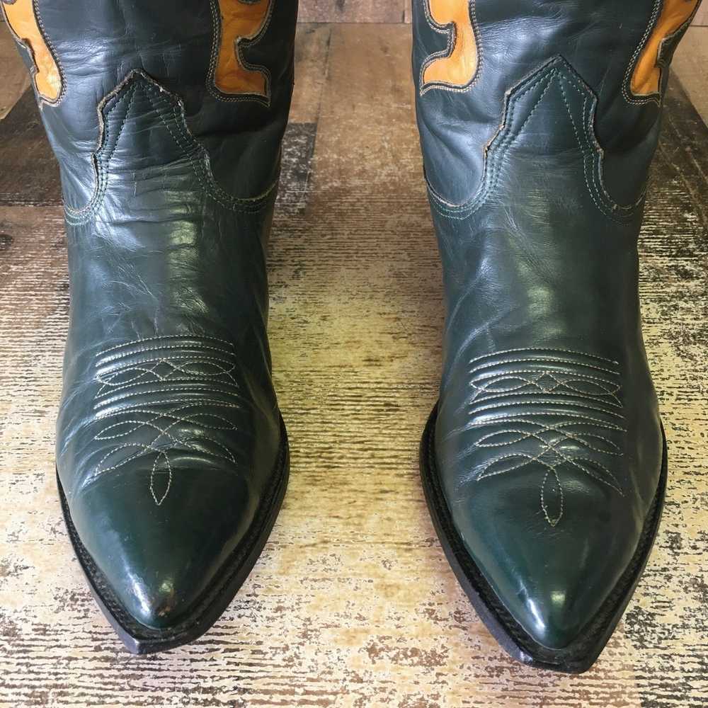 Nocona Boots Nocona Vtg Green Leather Inlay Cowbo… - image 8