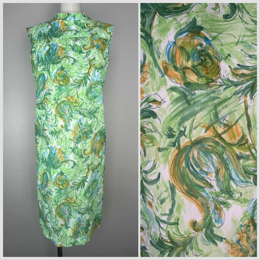 1960s Green Brushstroke Floral Shift Sleeveless D… - image 1