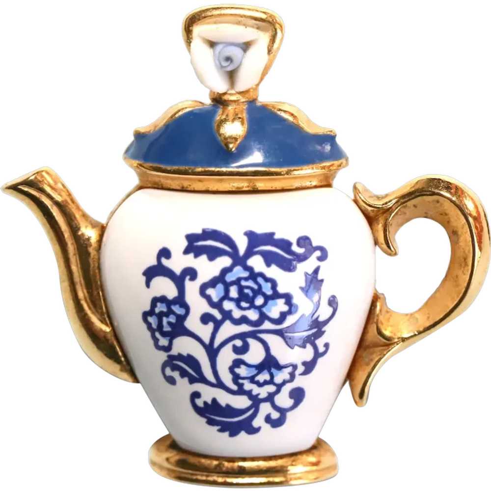 "Avon" tie tack pin-Blue & white teapot - image 1