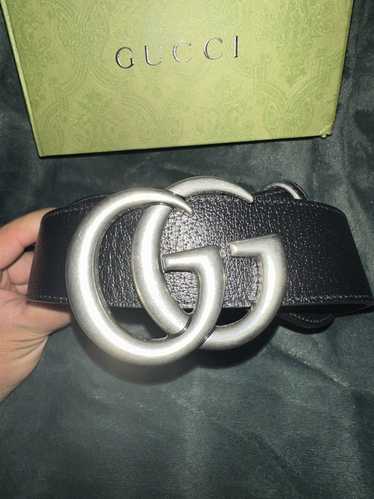 MEN GUCCI GG LEATHER BELT WITH DOUBLE G BUCKLE SILVER DARK BROWN NEW 30-32