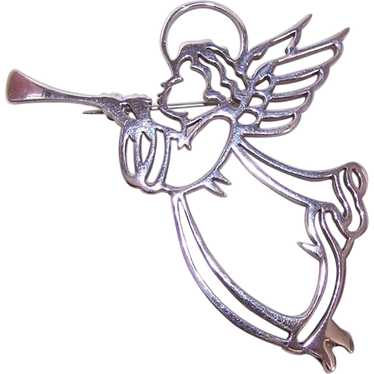 Sterling Silver Pin Brooch - Herald Angel Blowing 