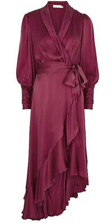 Zimmermann Burgundy Silk Satin Wrap Midi Dress