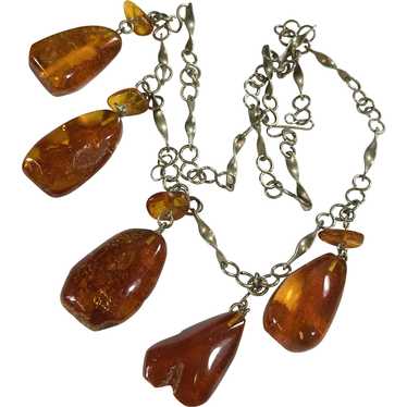 Vintage Hand Tooled Silver and Amber Necklace - image 1