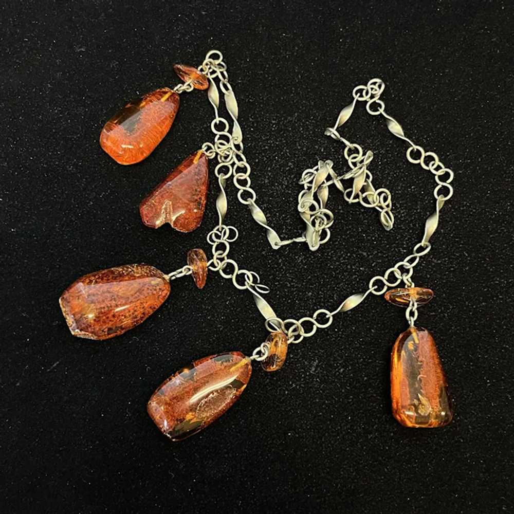 Vintage Hand Tooled Silver and Amber Necklace - image 2