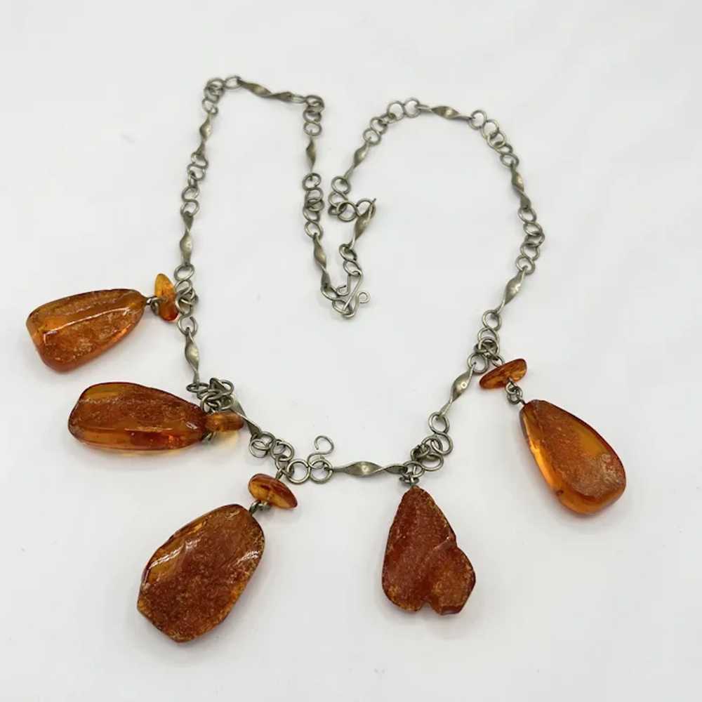 Vintage Hand Tooled Silver and Amber Necklace - image 3