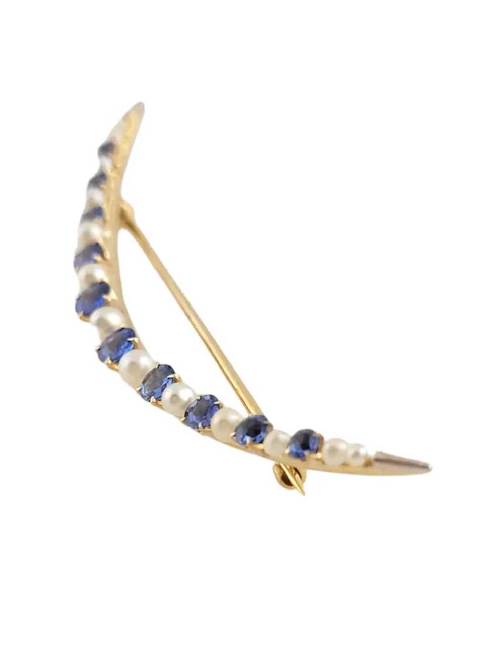 Vintage 14K Yellow Gold Sapphire and Pearl Cresce… - image 2