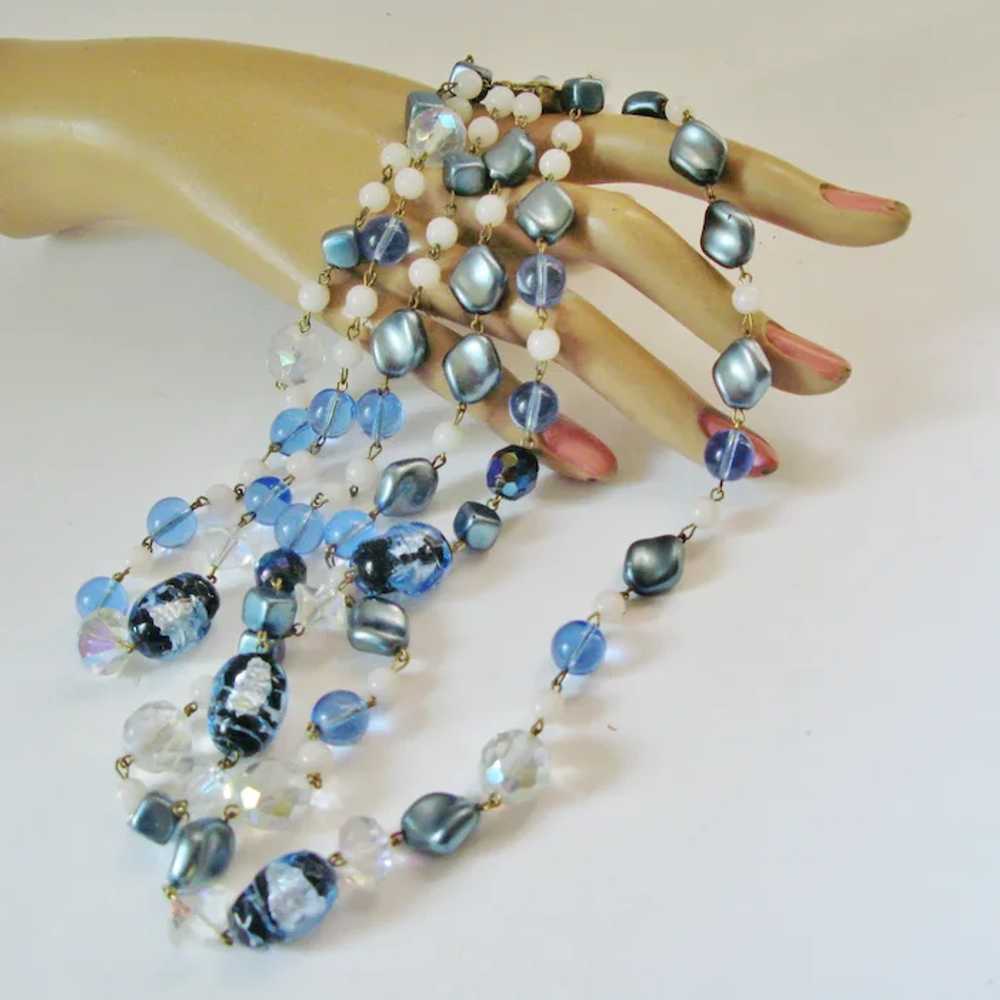 Vintage Three Stranded Necklace With Teal, Clear … - image 2