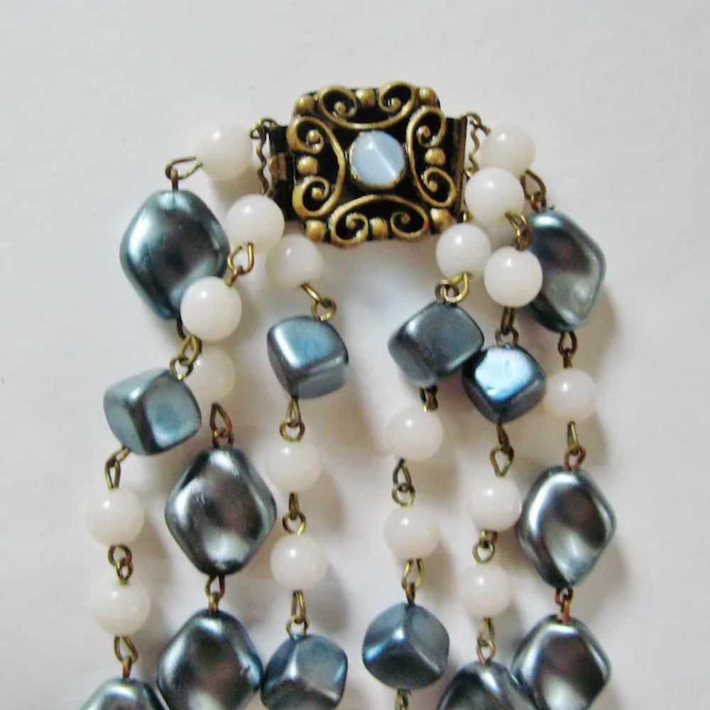 Vintage Three Stranded Necklace With Teal, Clear … - image 5