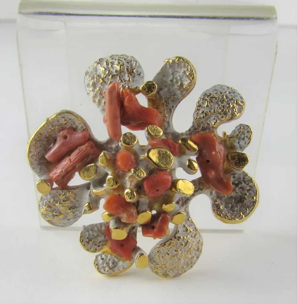Vintage Zentall Red Coral Pin With White and Gold… - image 10