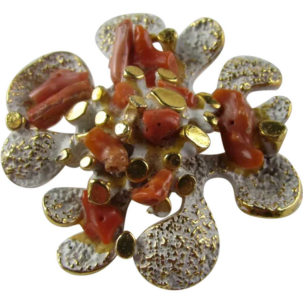 Vintage Zentall Red Coral Pin With White and Gold… - image 1