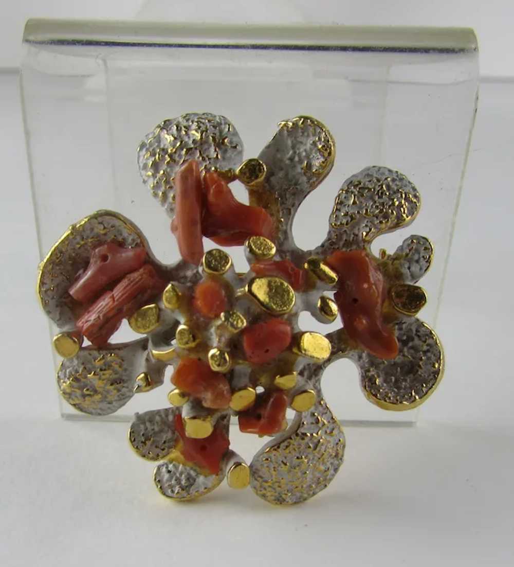 Vintage Zentall Red Coral Pin With White and Gold… - image 2