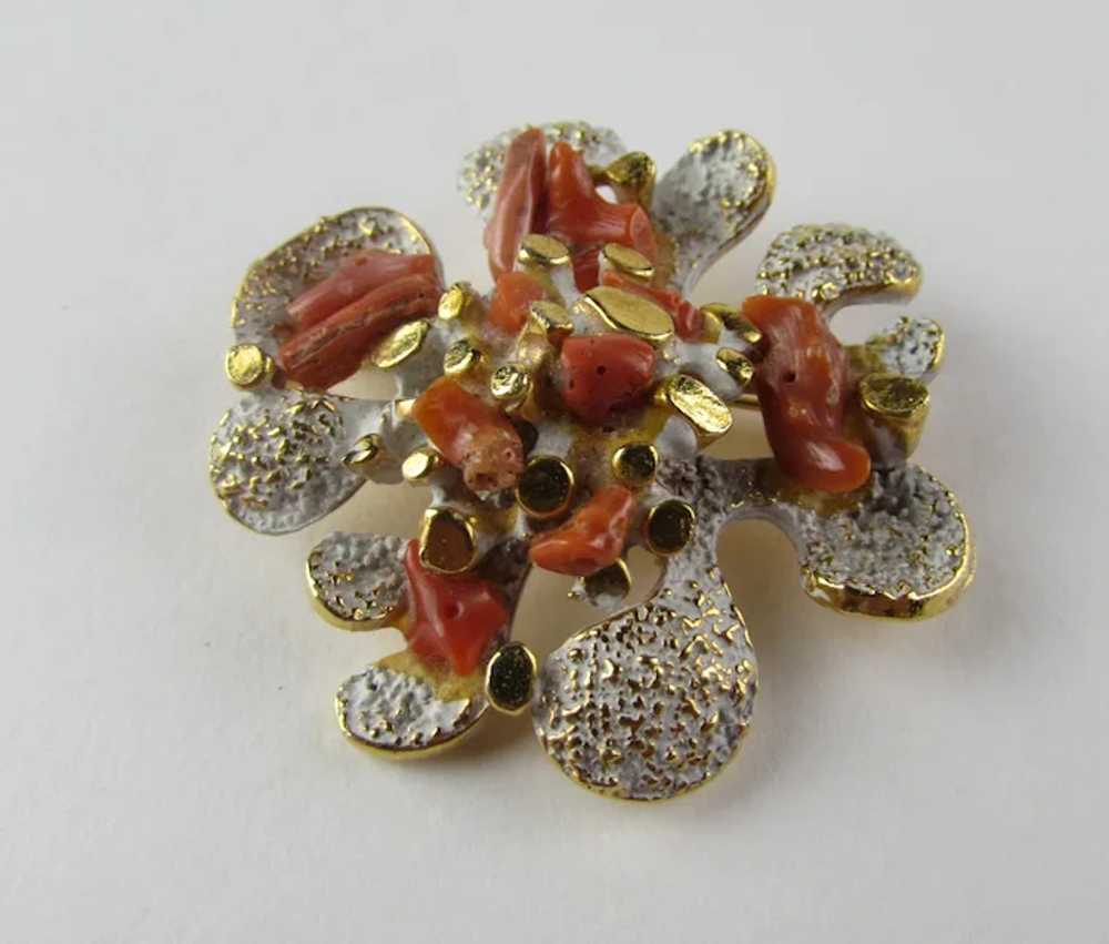 Vintage Zentall Red Coral Pin With White and Gold… - image 3