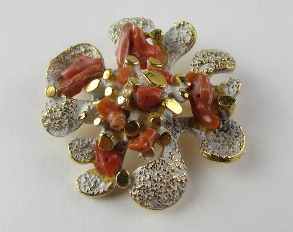 Vintage Zentall Red Coral Pin With White and Gold… - image 8