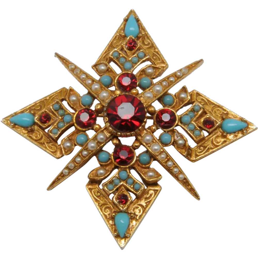 Coro Magnificent Goldtone Star Pin with Red and T… - image 1