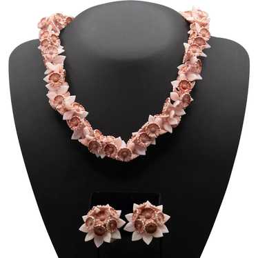 West Germany Pink Plastic Floral Necklace and Cli… - image 1