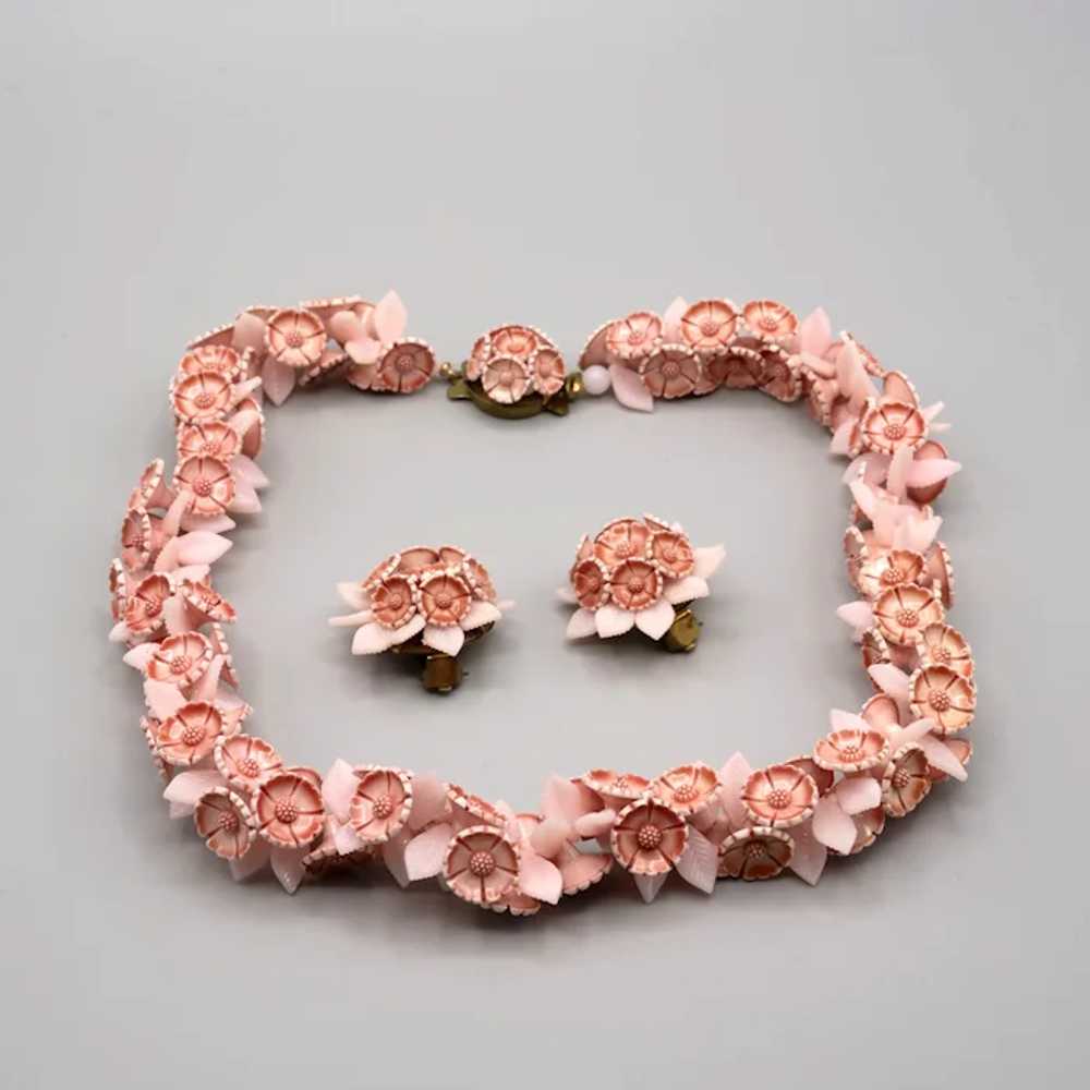 West Germany Pink Plastic Floral Necklace and Cli… - image 2