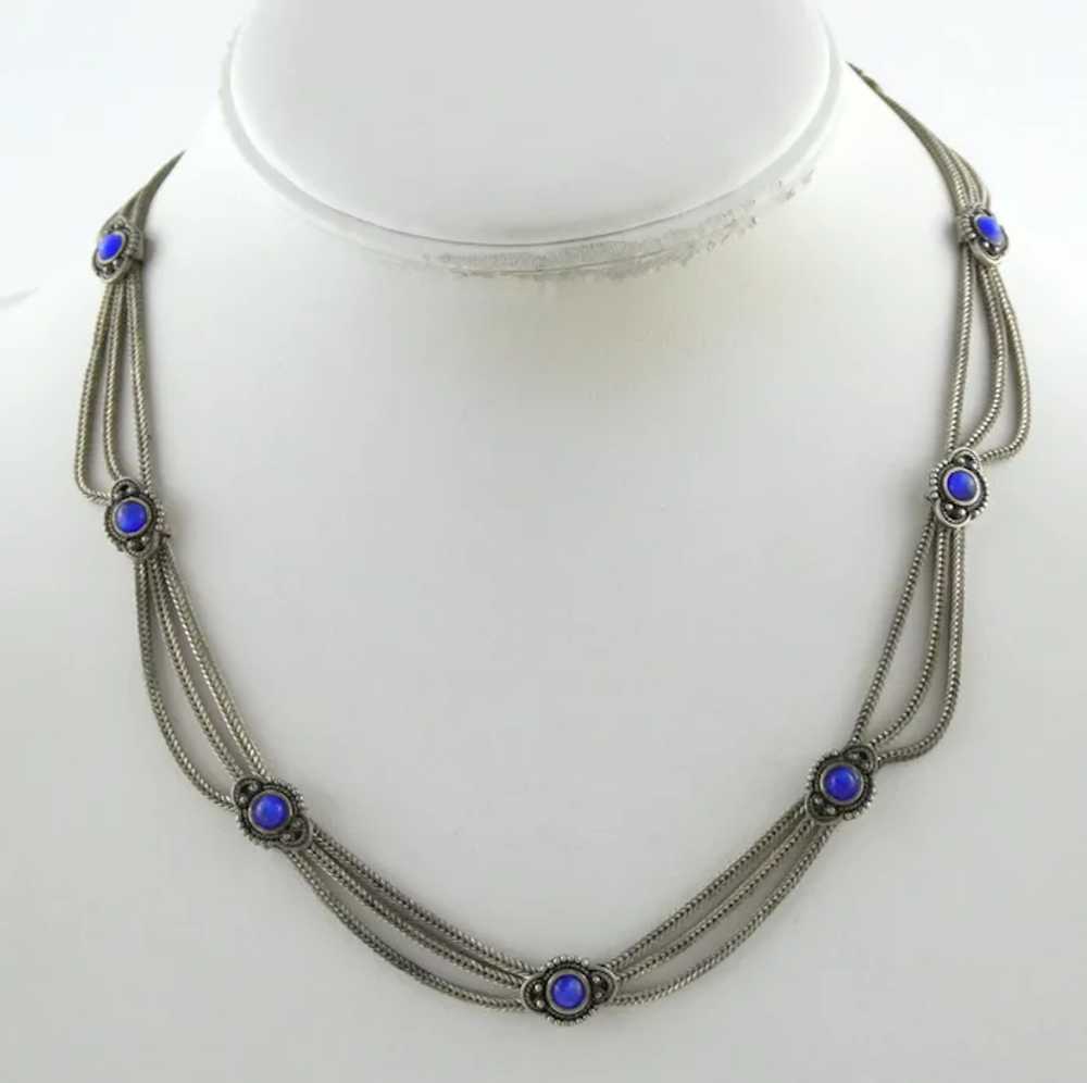 Vintage Sterling Silver Three Foxtail Chain Blue … - image 2